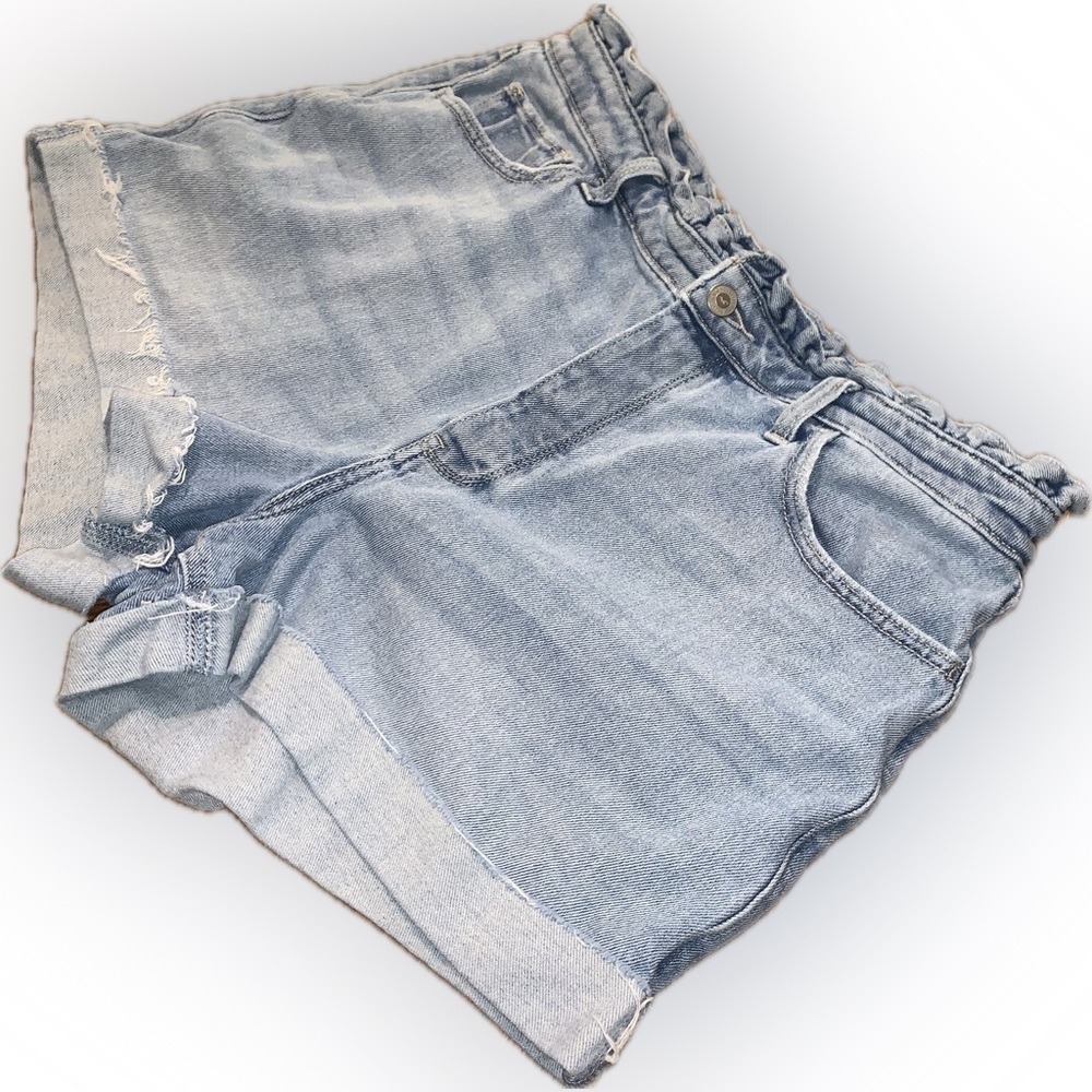 Hollister Ultra High Rise Mom Denim Shorts Vintage Stretch Light Blue Ruffle 15 - Picture 6 of 9